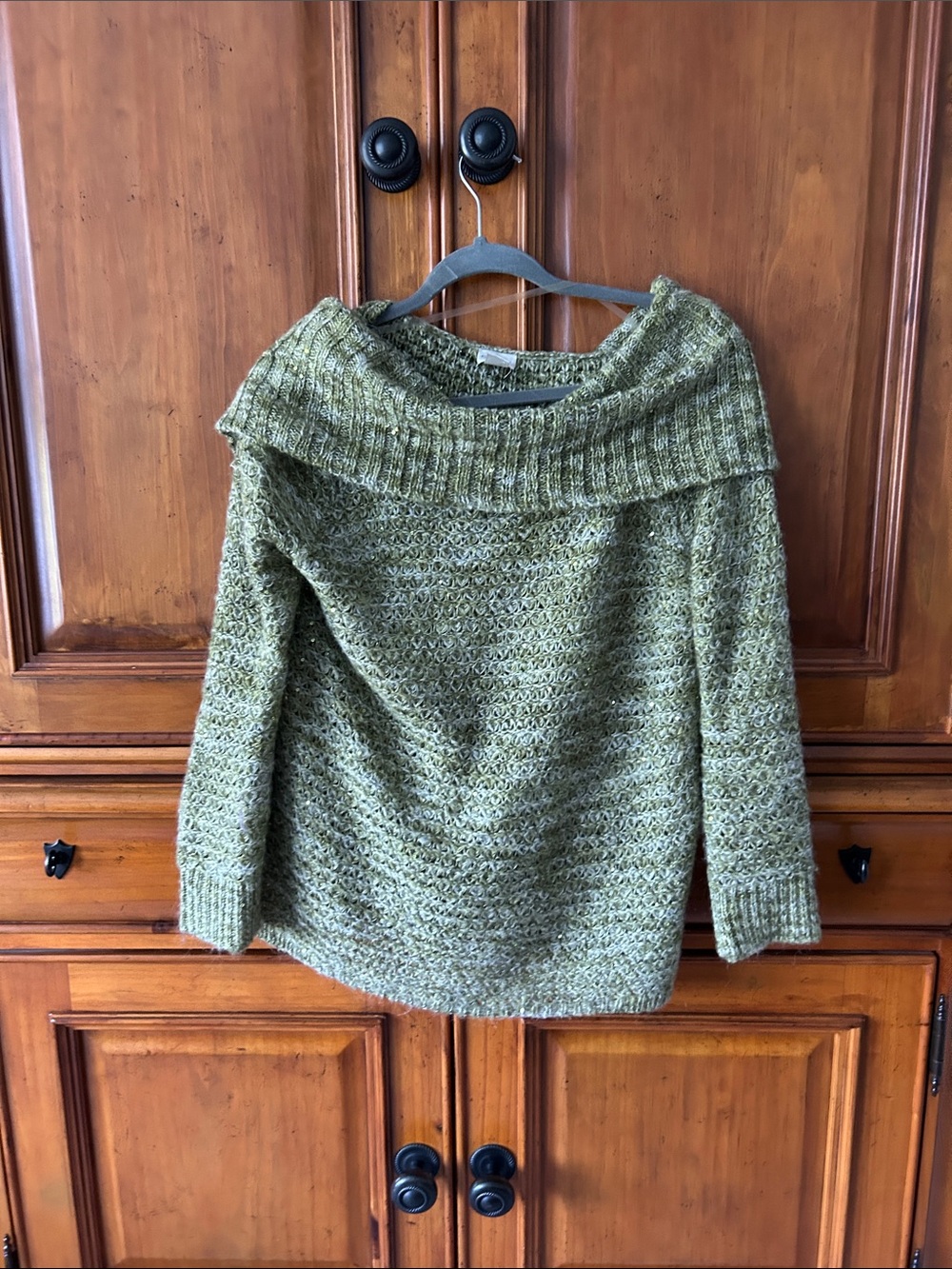 Chico's Olive Green Off-Shoulder Ribbed Fold-Over Sweater